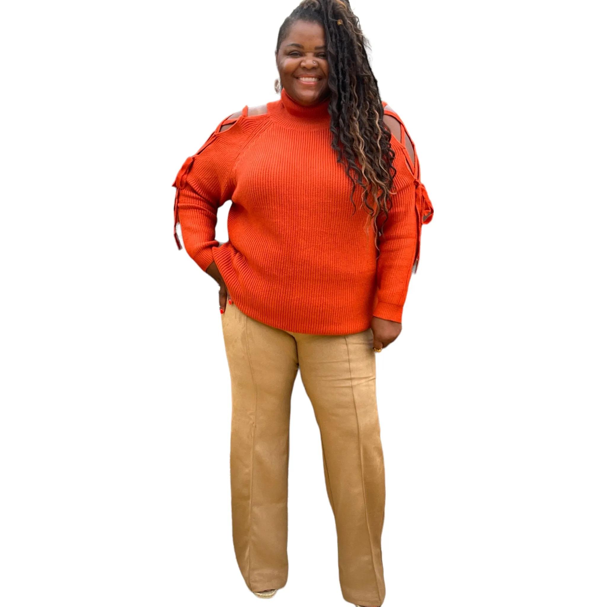 Plus Size Rust Turtles Neck Cutout Long Sleeve Sweater