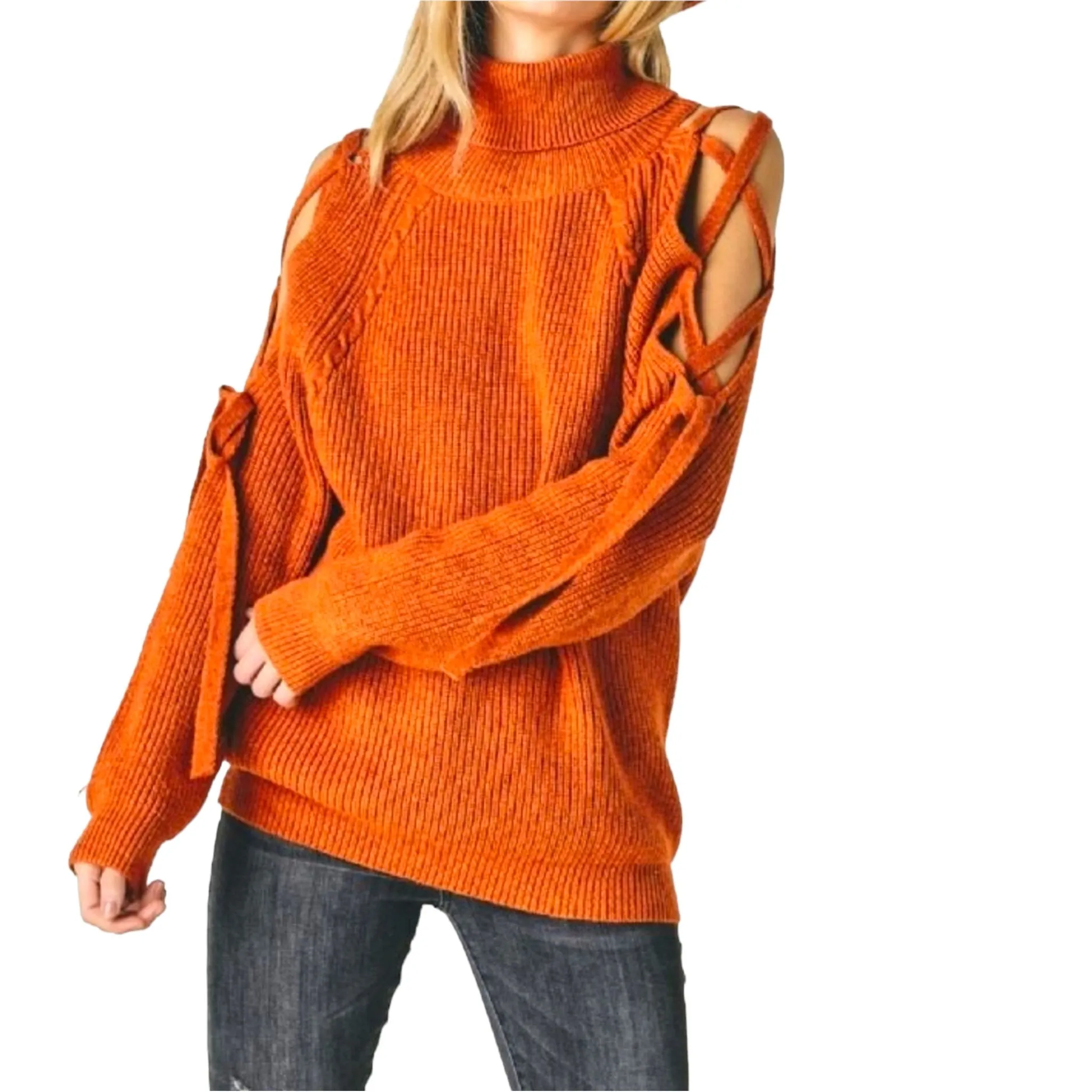 Plus Size Rust Turtles Neck Cutout Long Sleeve Sweater