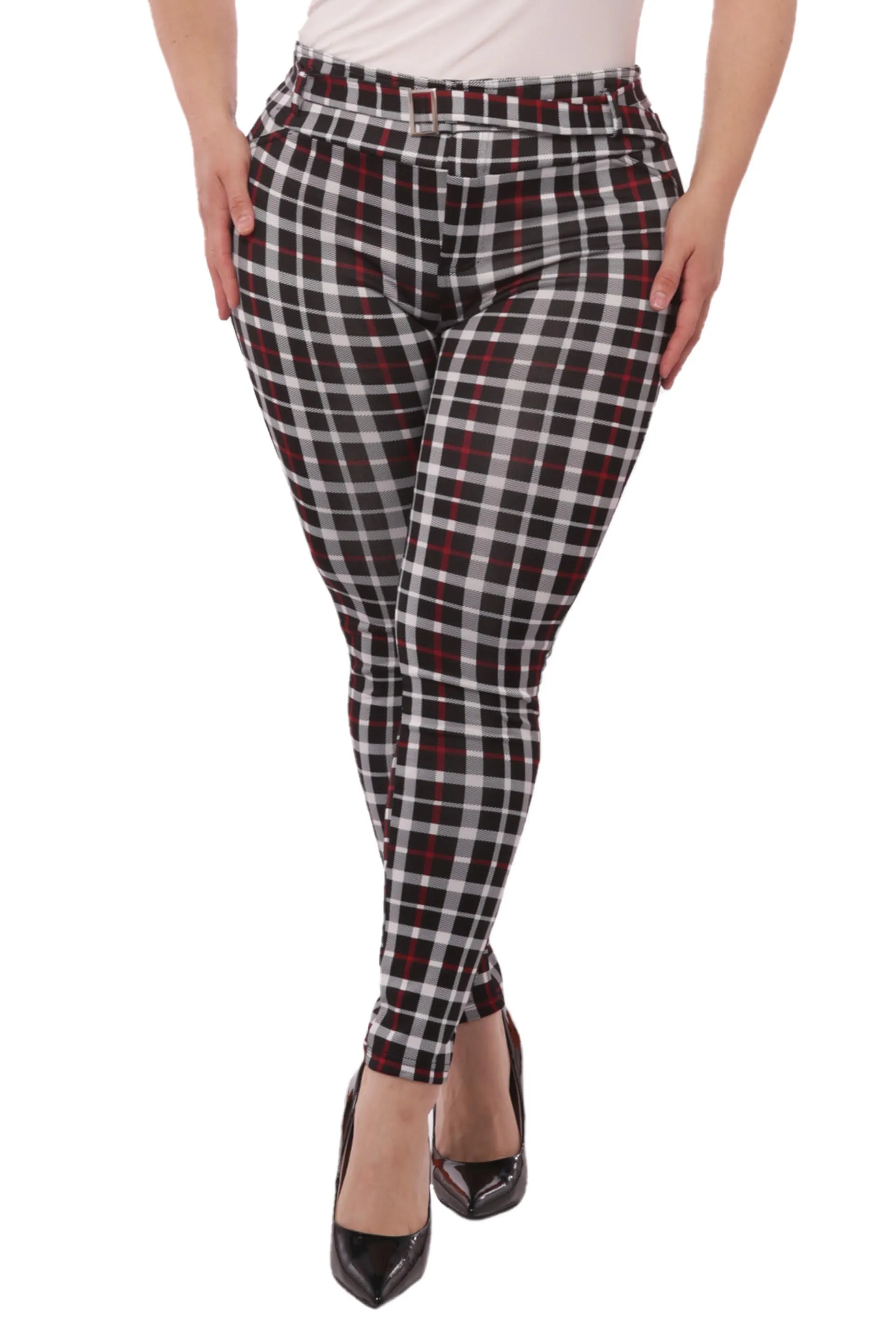 Plus Size Treggings With Self Belt - Red & Black Plaid