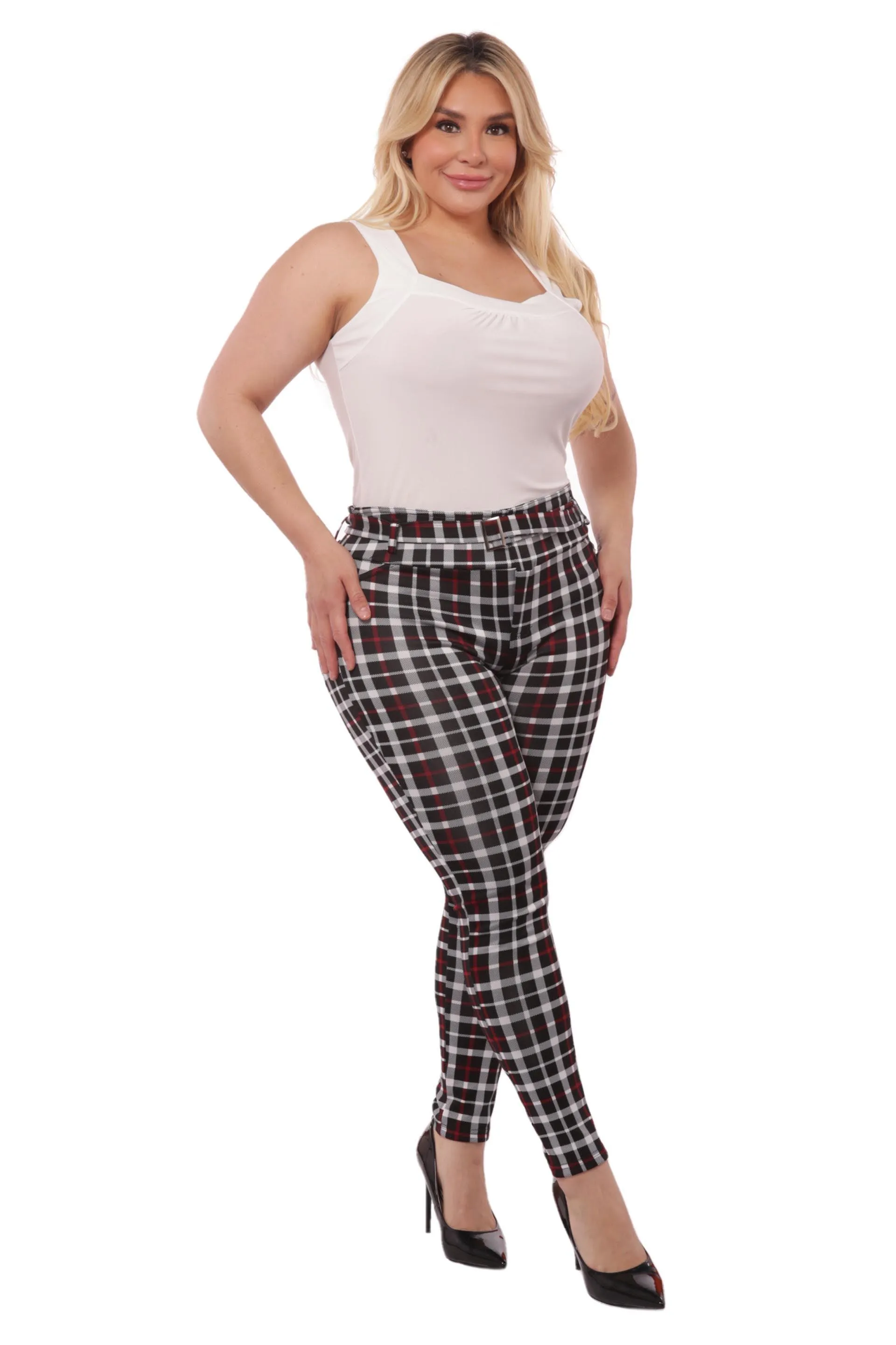 Plus Size Treggings With Self Belt - Red & Black Plaid