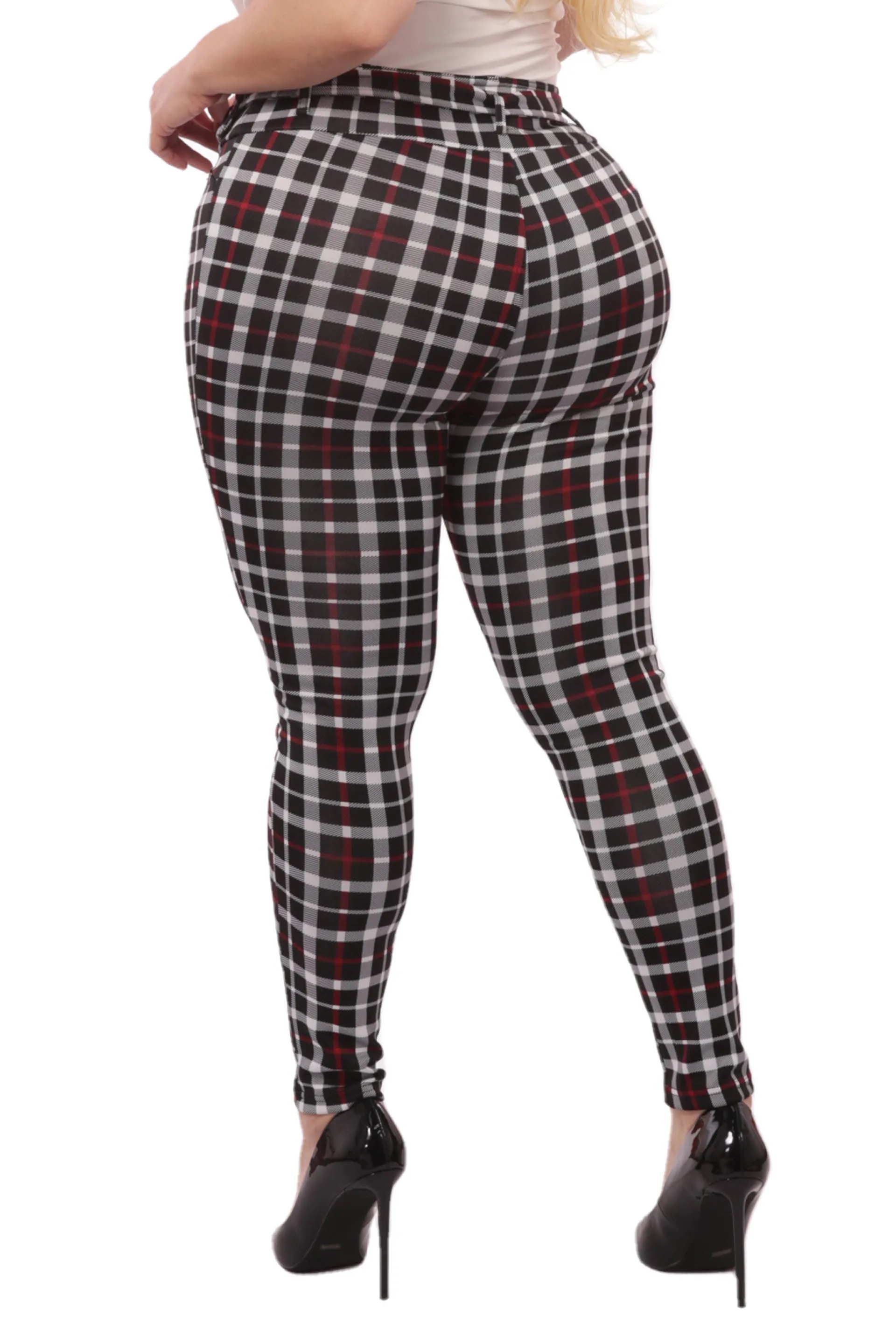 Plus Size Treggings With Self Belt - Red & Black Plaid