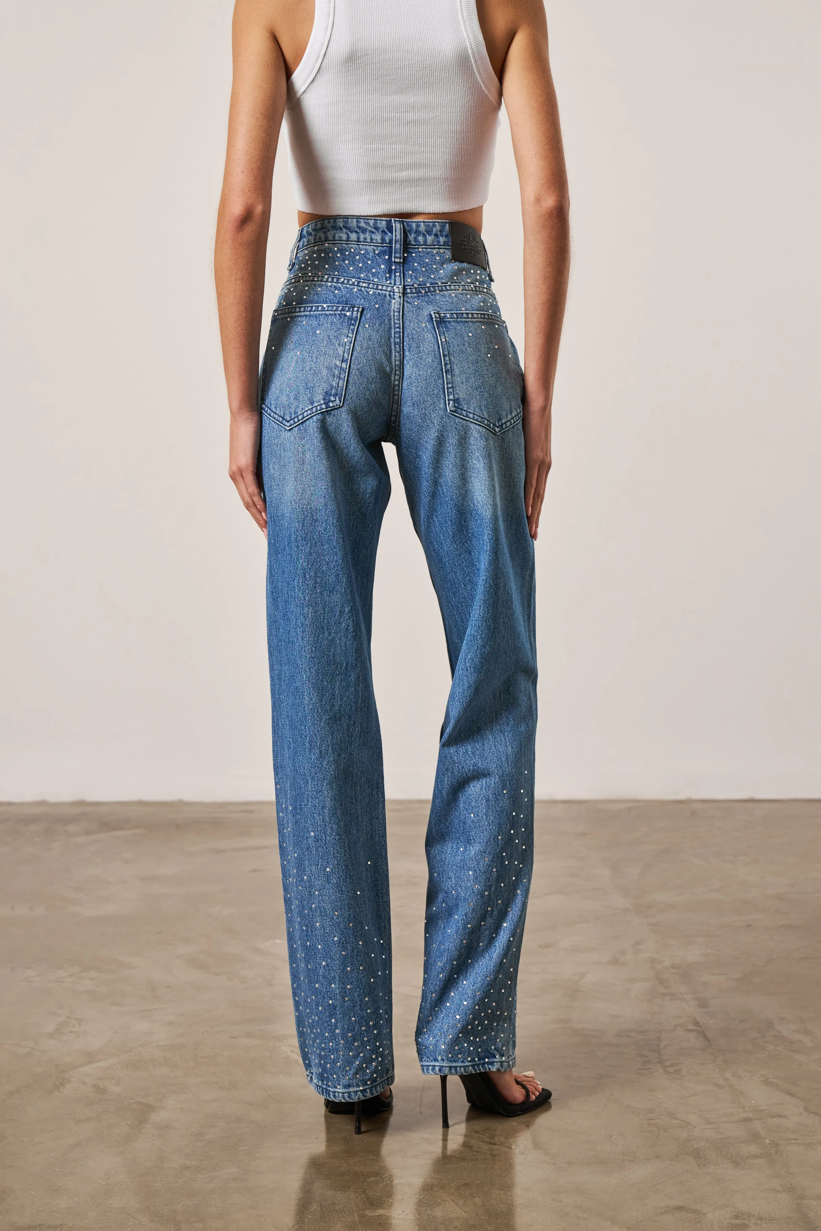 RHINESTONE STRAIGHT LEG JEANS - BLUE