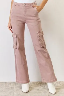 RISEN High Rise Cargo Wide Leg Jeans in Mauve