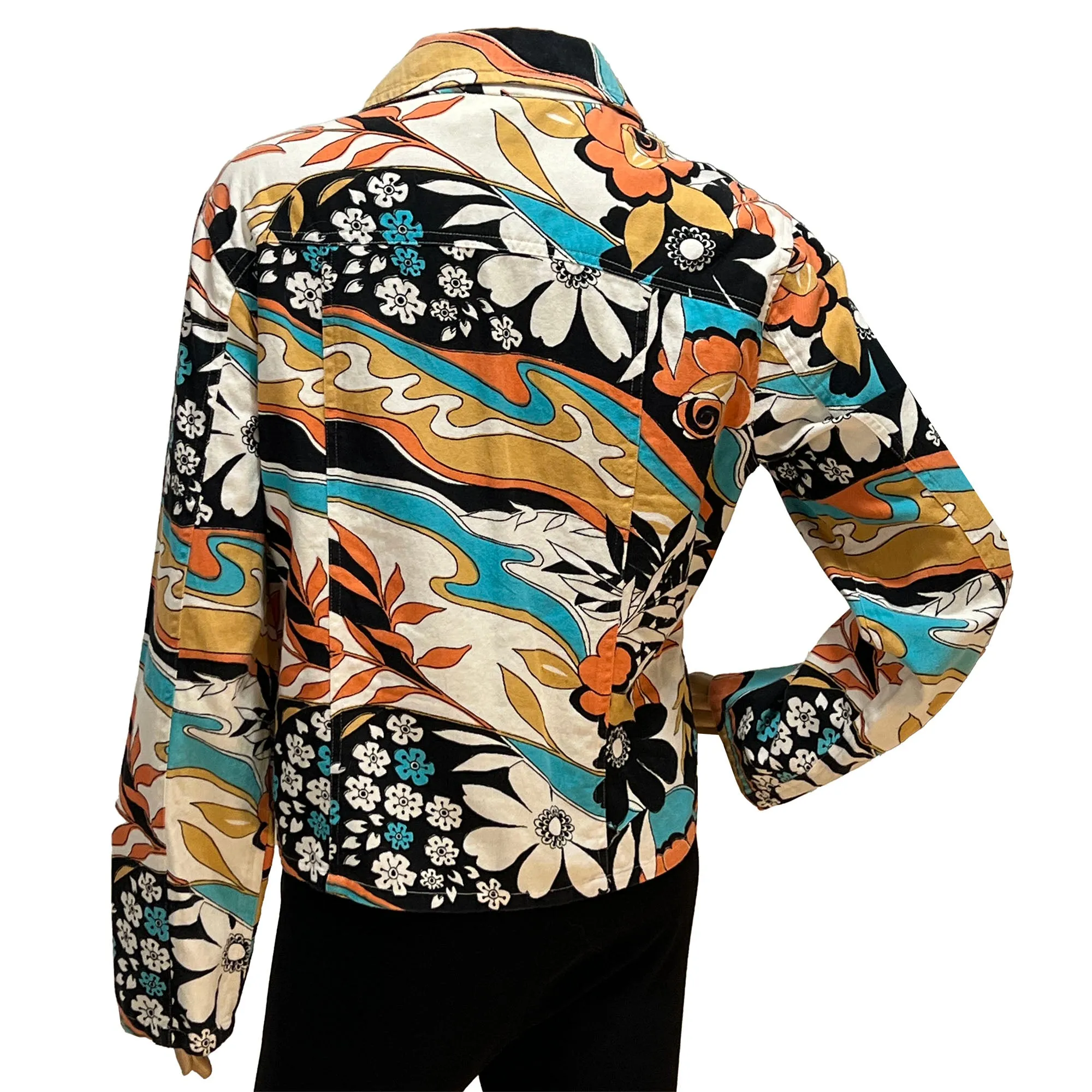 Shana K Floral Western Denim Jacket with Sequins. Size M. Blue, Peach, Black