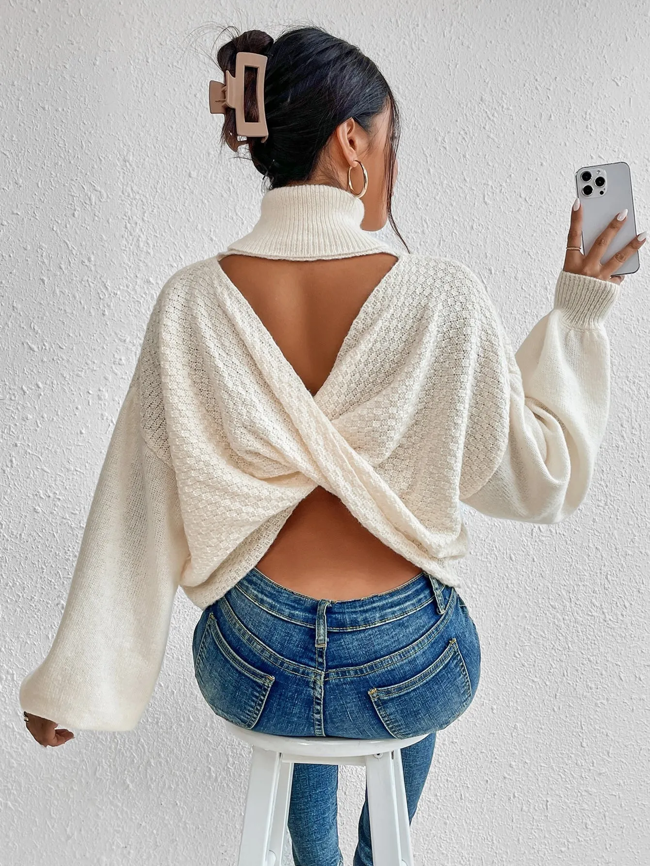 Turtleneck Twist Back Drop Shoulder Sweater