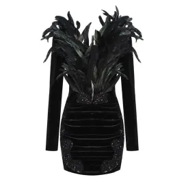 Velvet Feathers Black Mini Dress