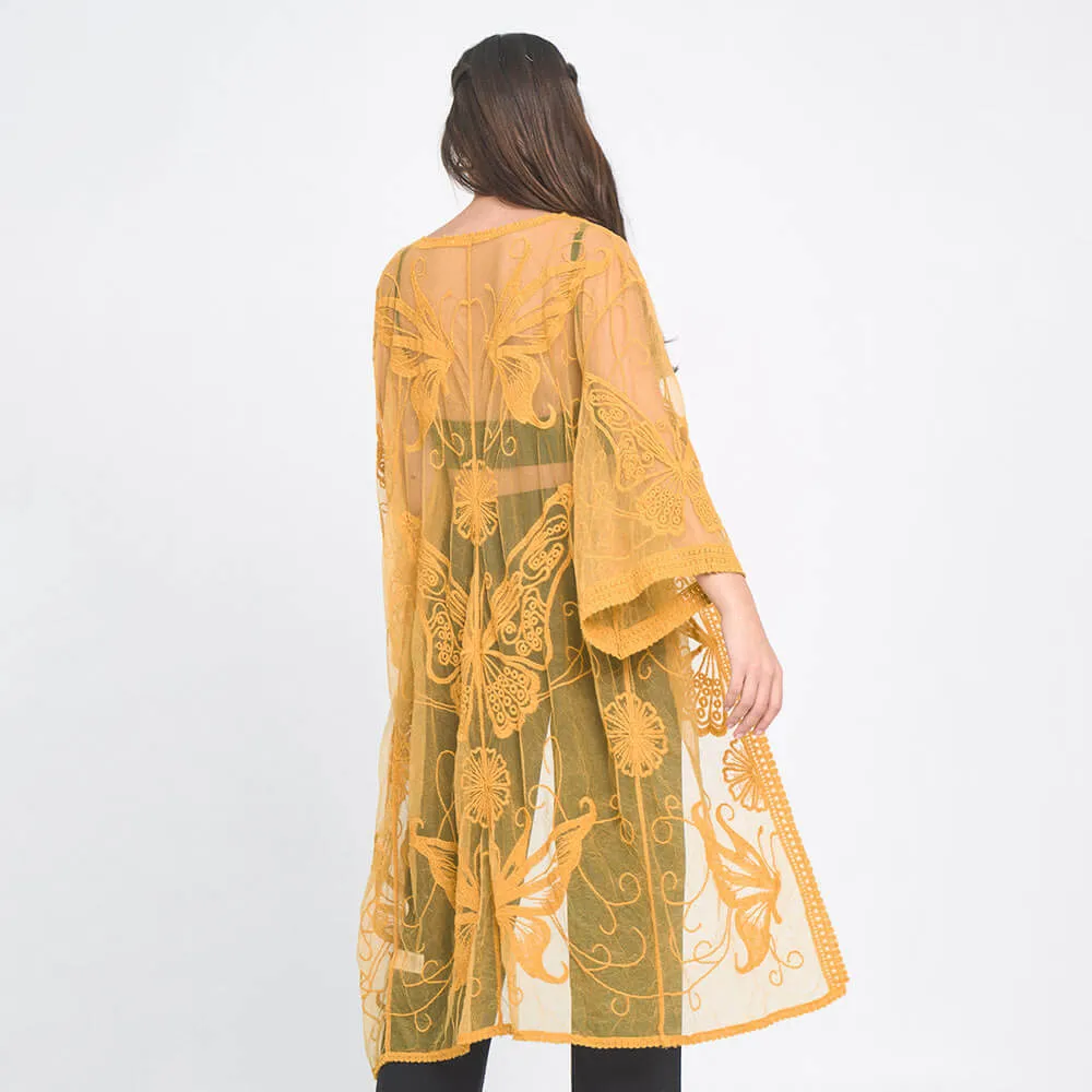 Yellow Mustard Butterfly Lace Cover Up Kimono Poncho